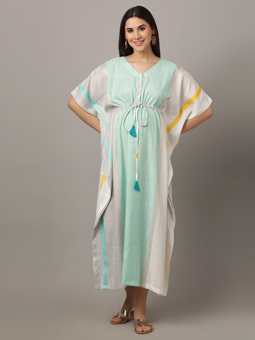 

The Mom Store Striped Maternity Cotton Maxi Kaftan Dress, Green