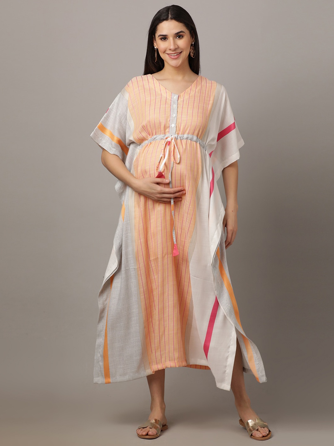 

The Mom Store Striped Maternity Kaftan Midi Dress, Orange