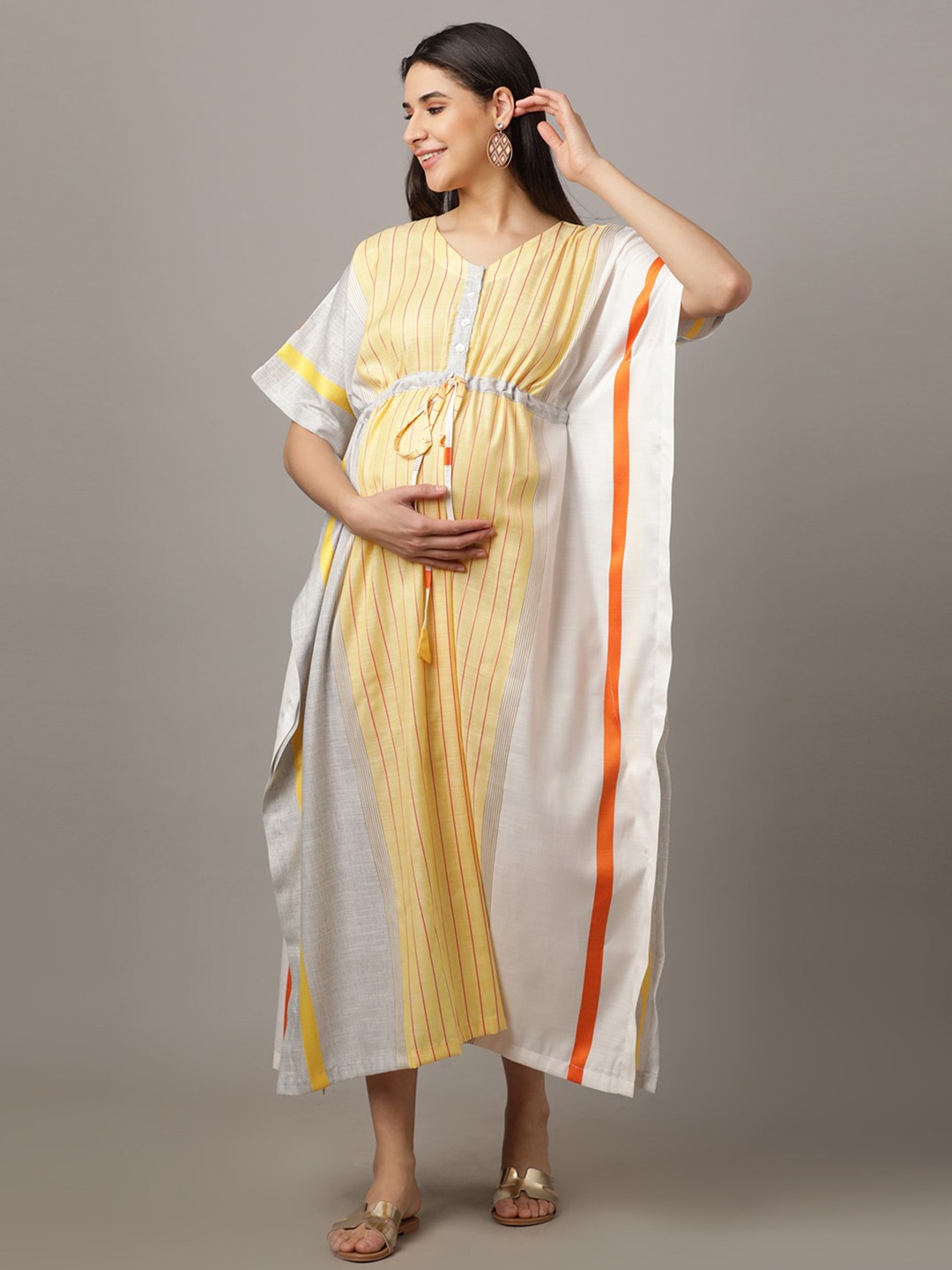 

The Mom Store Striped Maternity Cotton Maxi Kaftan Dress, Yellow
