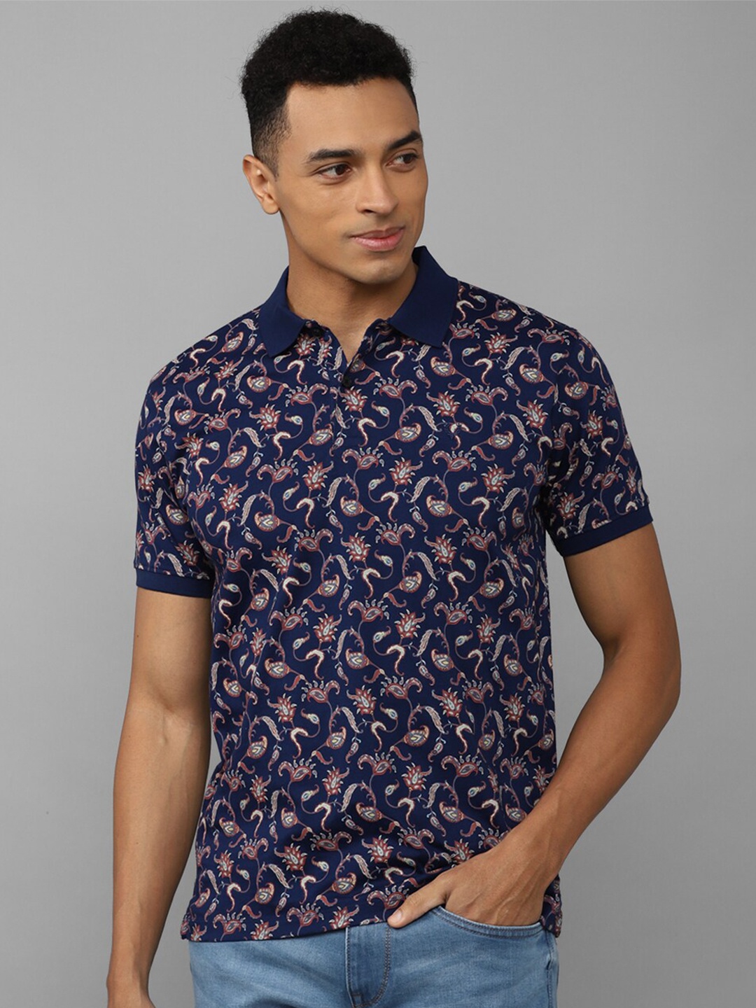 

Allen Solly Floral Printed Polo Collar Pure Cotton T-Shirt, Navy blue