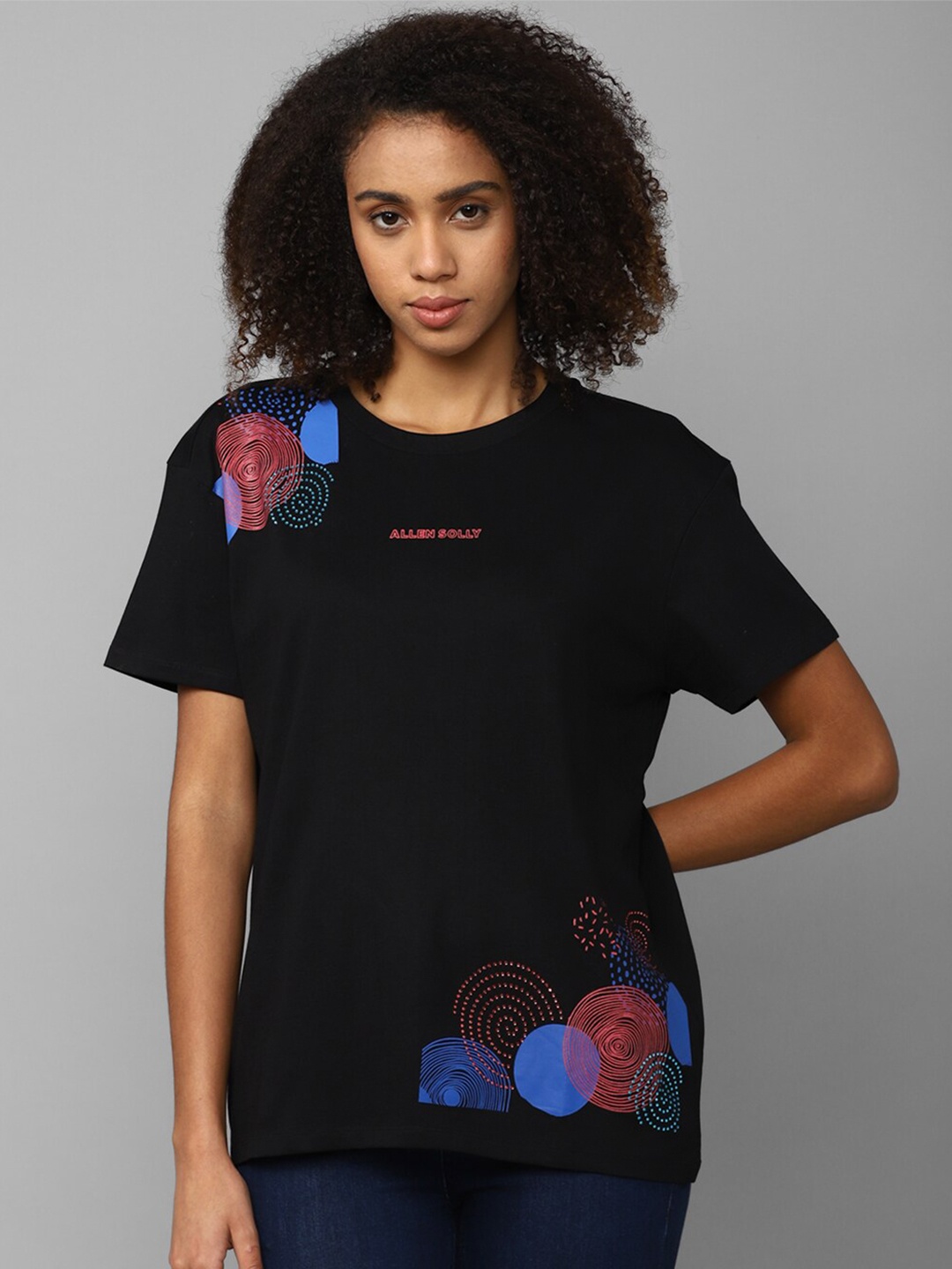 

Allen Solly Woman Abstract Printed Pure Cotton Casual T-shirt, Black