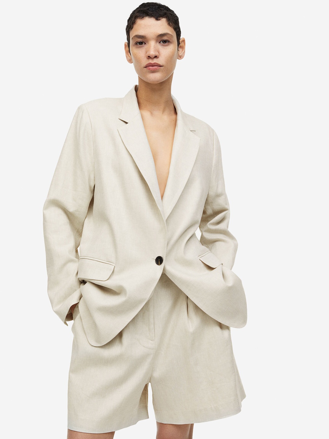 

H&M Women Linen-Blend Shorts, Beige
