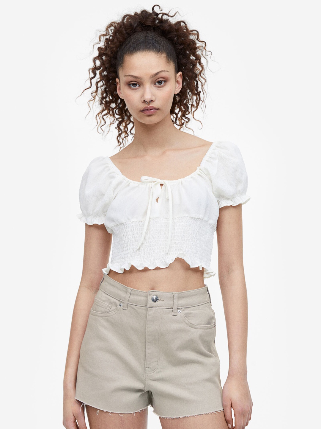 

H&M Women High-Waisted Twill Shorts, Grey