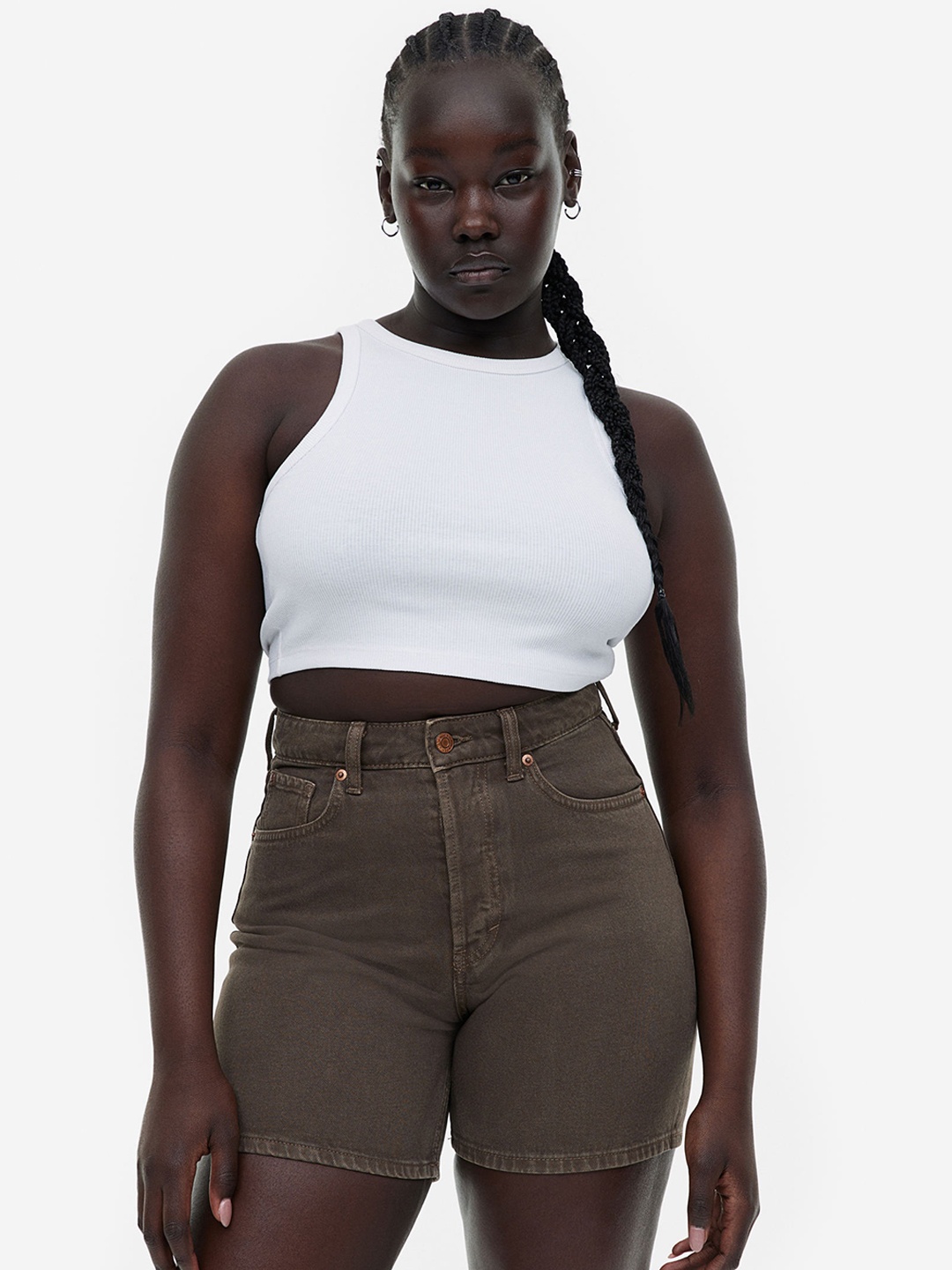 

H&M Women Curvy Fit Bermuda High Pure Cotton Denim Shorts, Brown