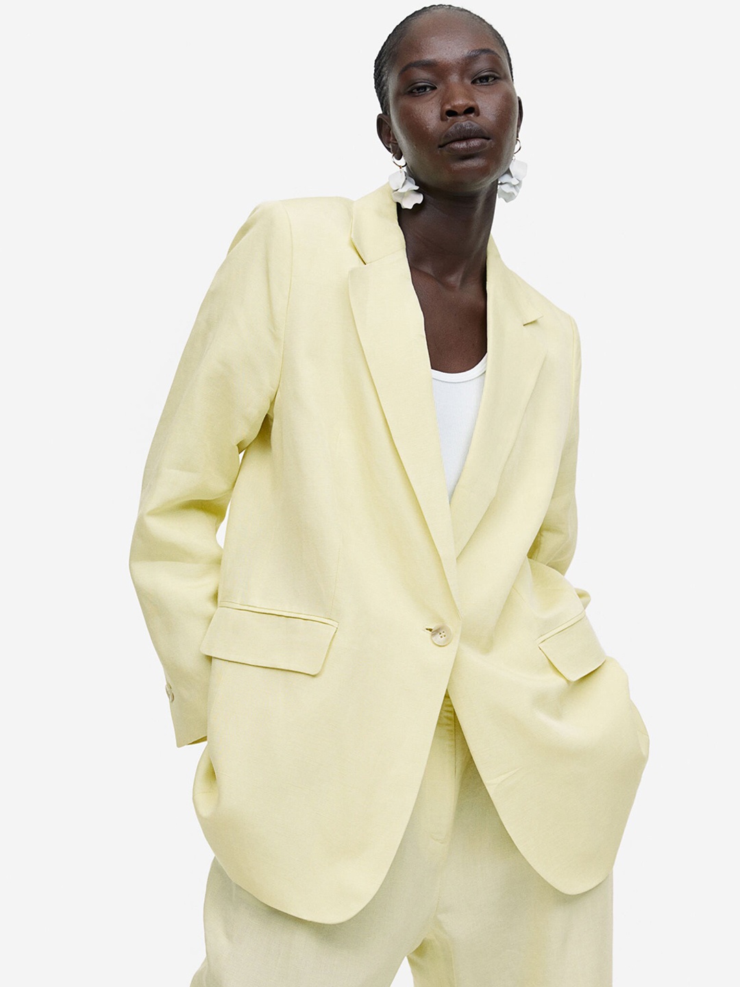 

H&M Linen-Blend Blazer, Yellow