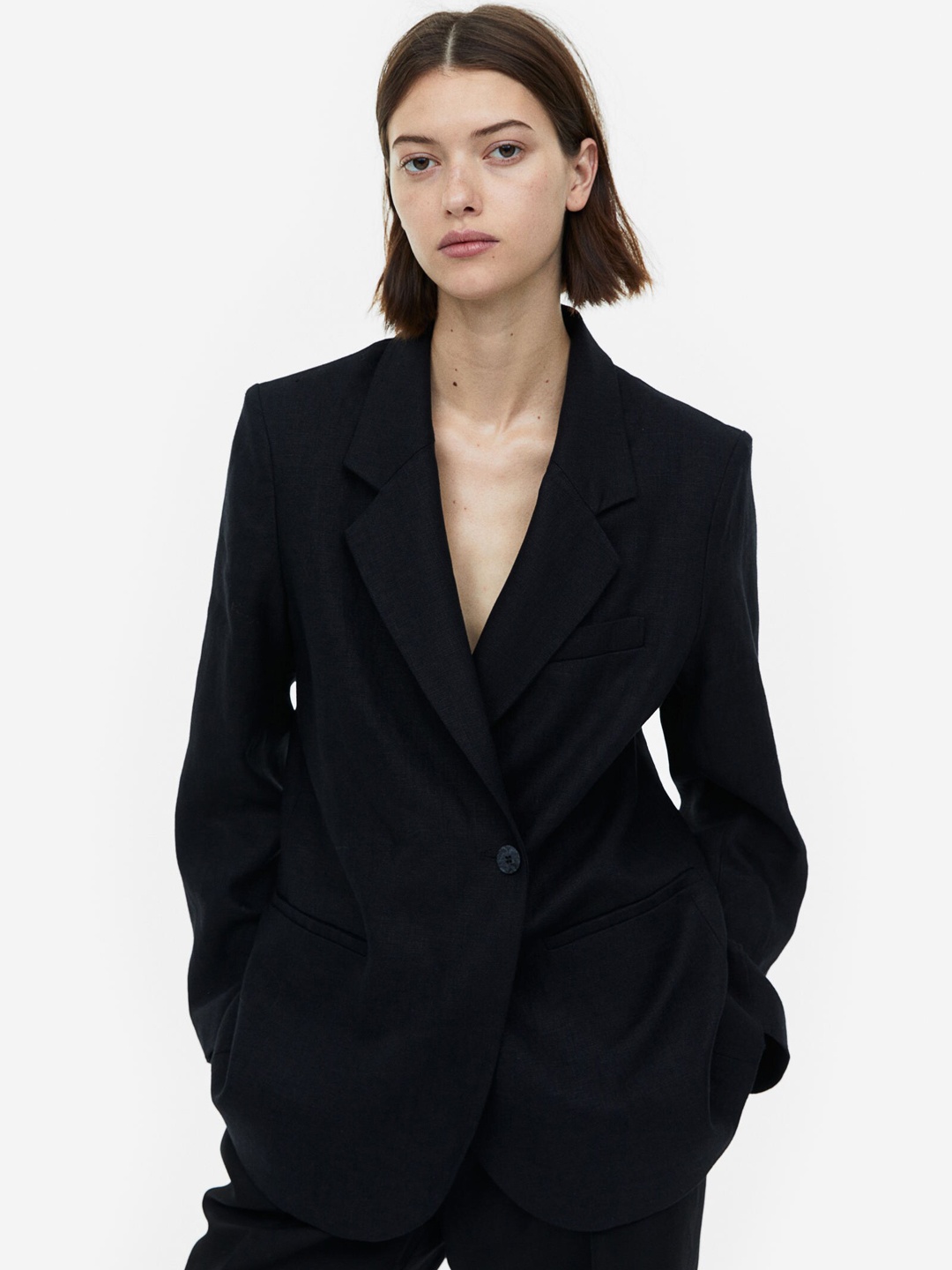 

H&M Double Breasted Pure Linen Blazer, Black