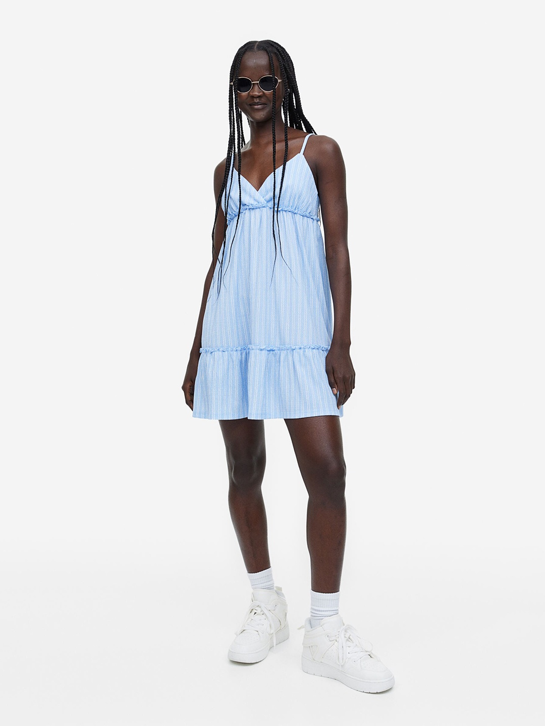 

H&M Frill-Trimmed Crepe Dress, Blue