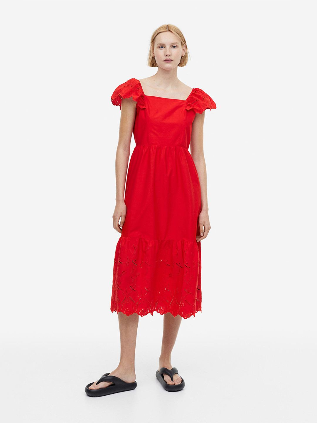 

H&M Pure Cotton Broderie Anglaise Dress, Red