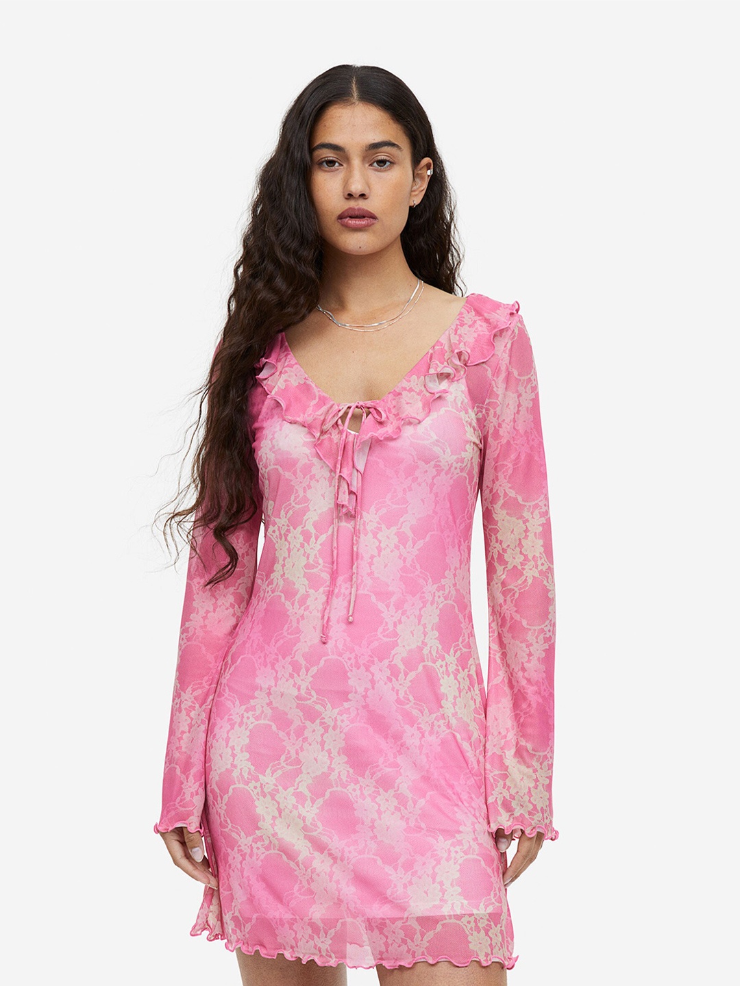 

H&M Flounce-Trimmed Mesh Dress, Pink