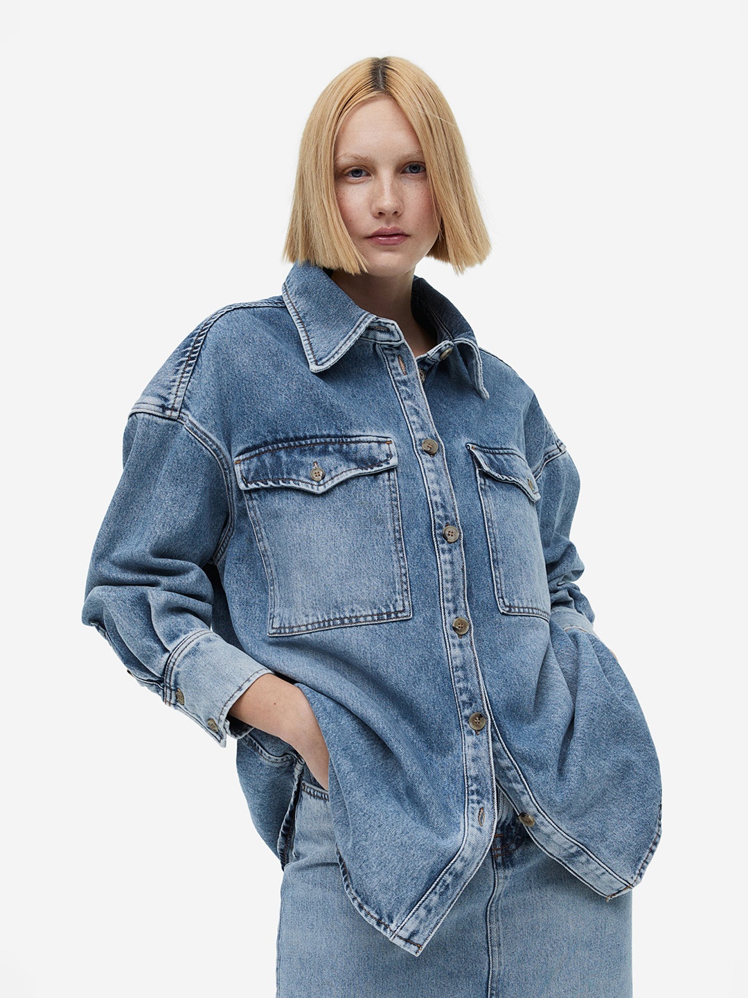 

H&M Women Oversized Denim Shirt, Blue