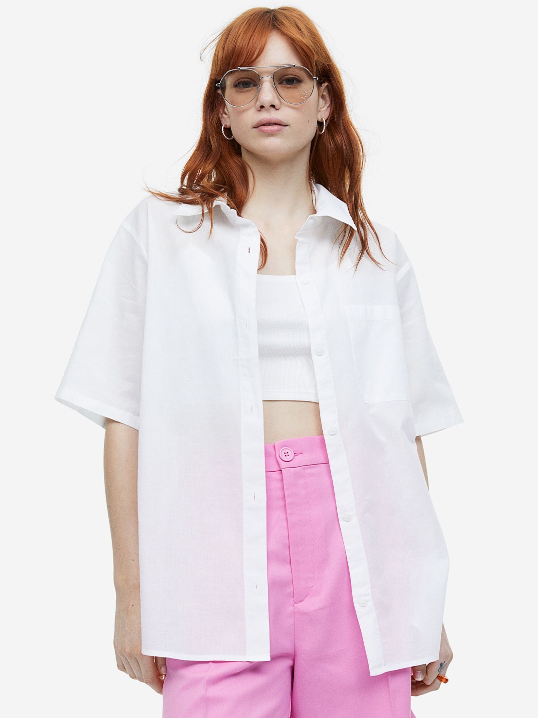 

H&M Women Short-Sleeved Linen-Blend Shirt, White