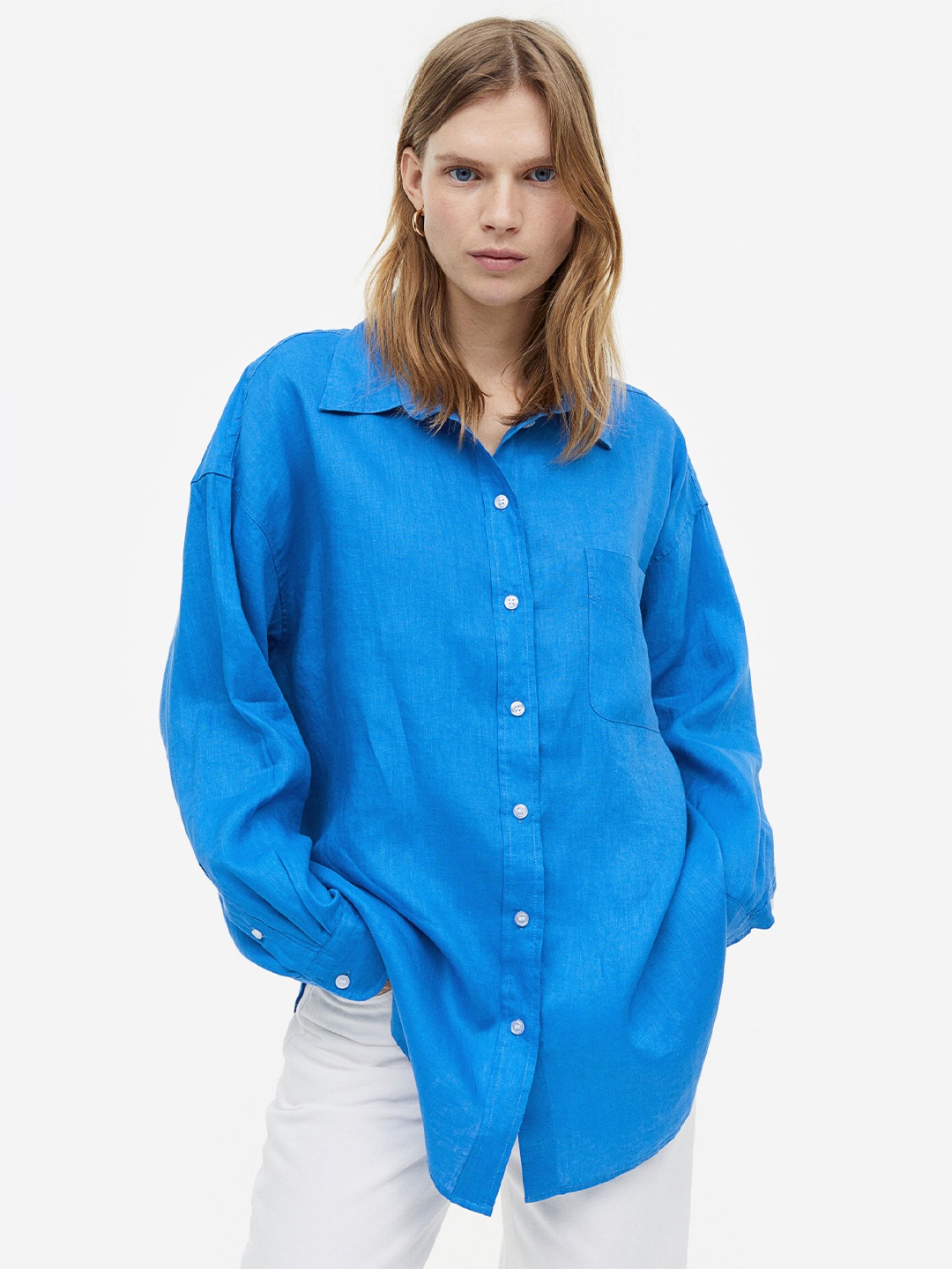 

H&M Women Oversized Linen Shirt, Blue
