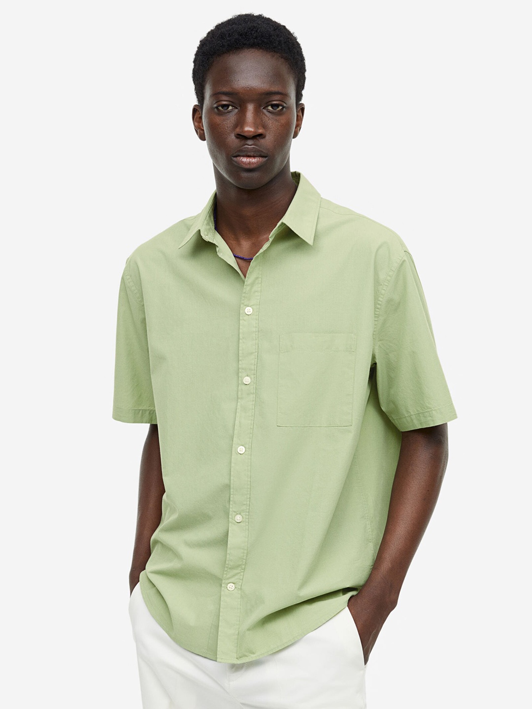 

H&M Regular Fit Short-Sleeved Pure Cotton Shirt, Green