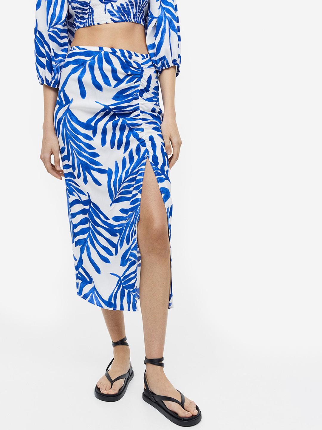 

H&M Crepe High-Slit Skirt, Blue