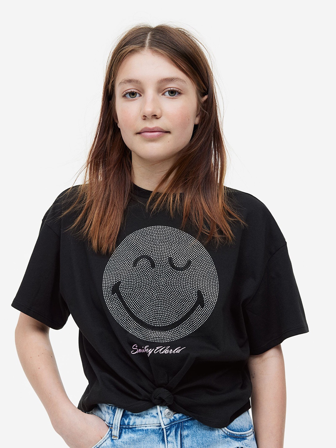

H&M Girls Pure Cotton Tie-Hem T-shirt, Black
