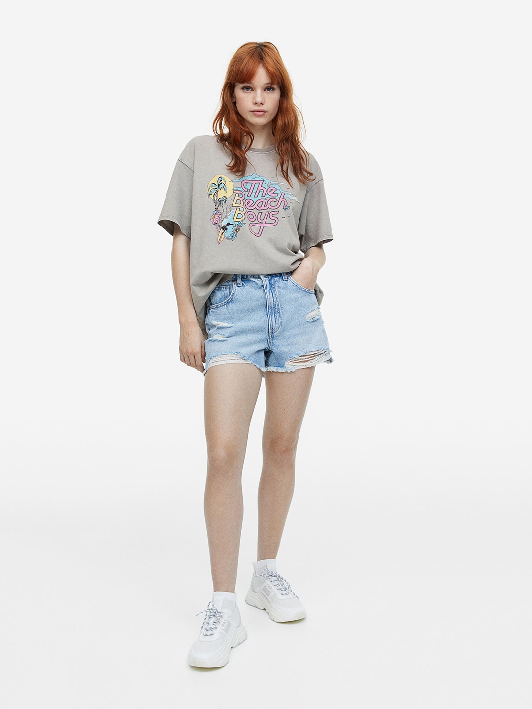 

H&M Oversized Printed Pure Cotton T-Shirt, Grey