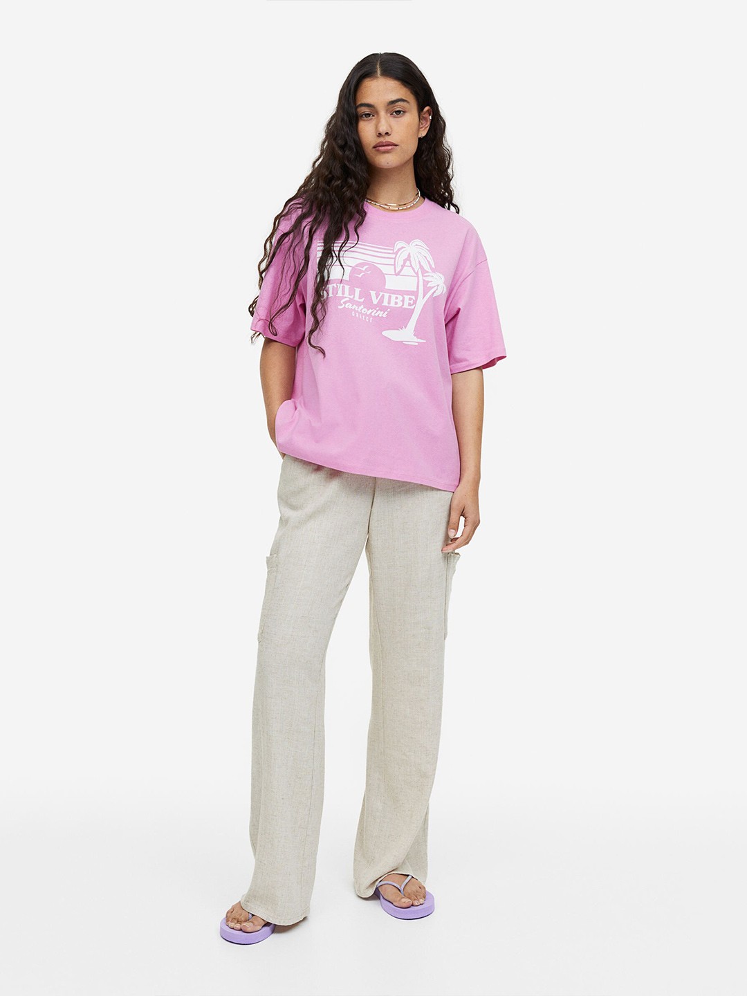 

H&M Pure Cotton Oversized Printed T-shirt, Pink