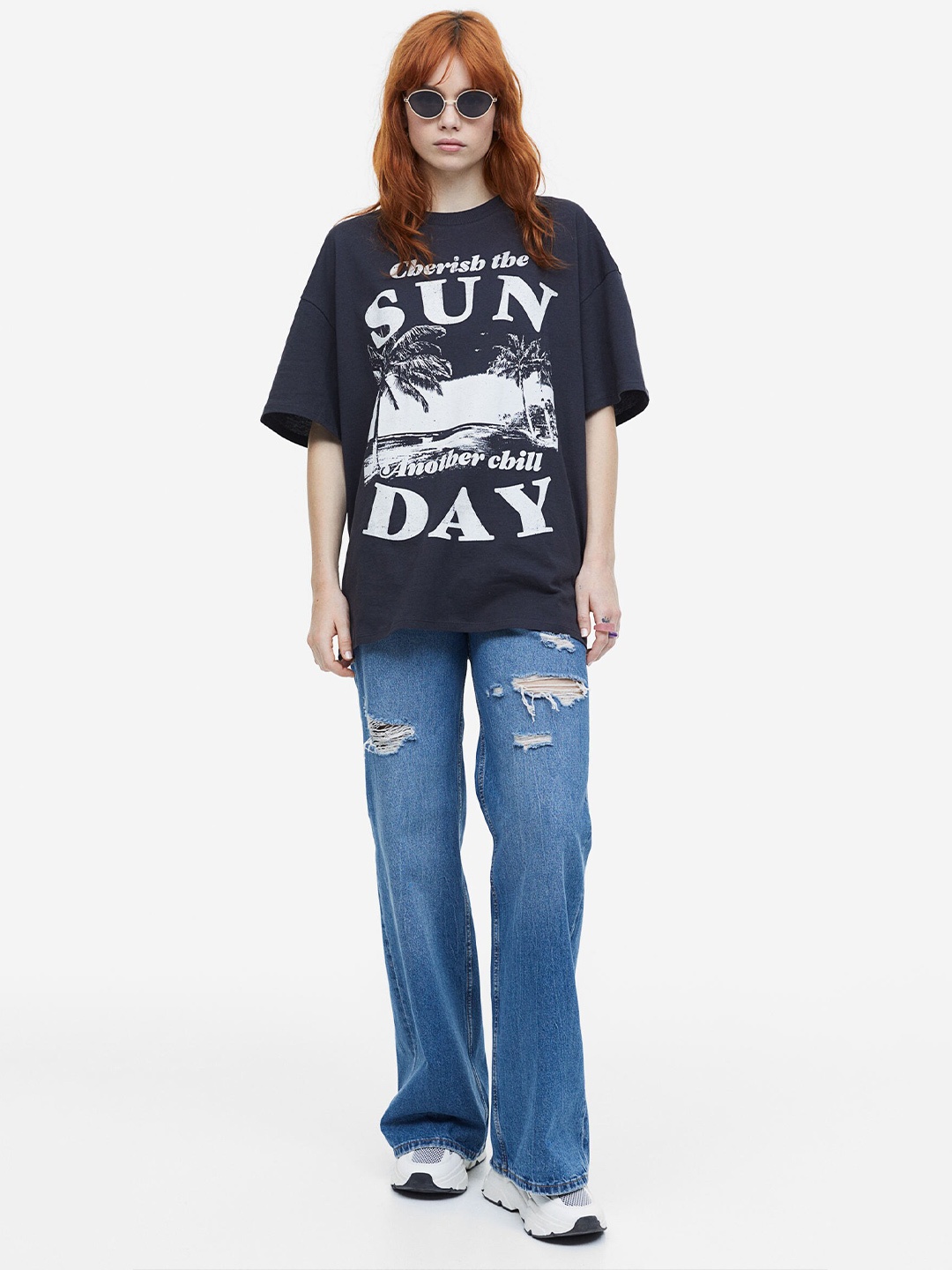 

H&M Women Oversized Printed T-Shirt, Black