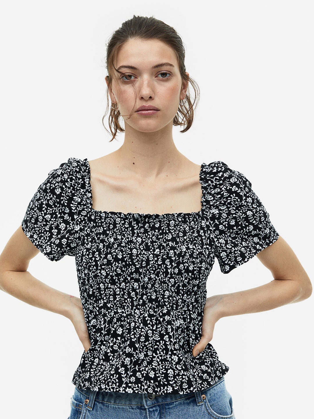 

H&M Smocked Top, Black