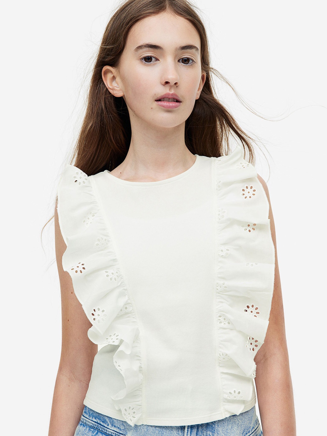 

H&M Girls Flounce-Trimmed Vest Top, White