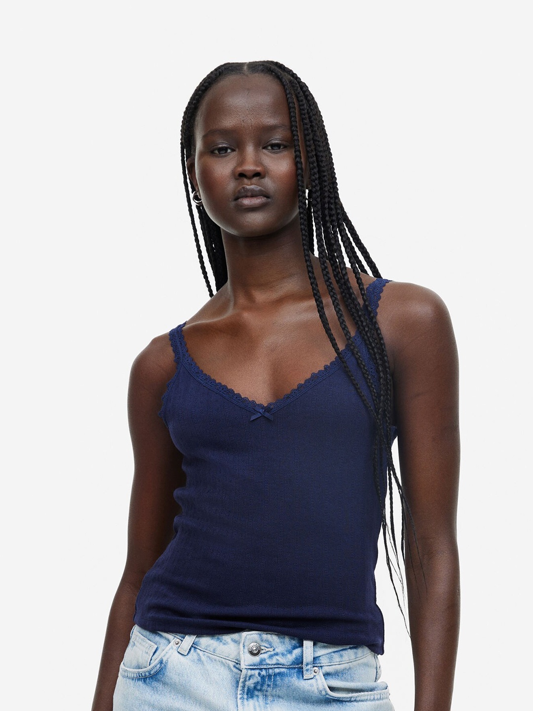 

H&M Lace-Trimmed Ribbed Vest Top, Navy blue