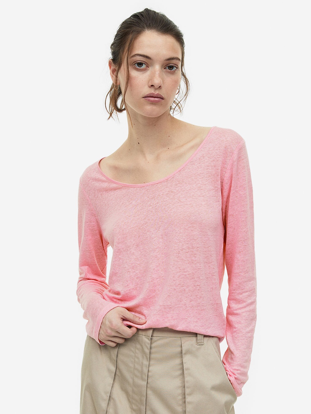 

H&M Linen Jersey Top, Pink