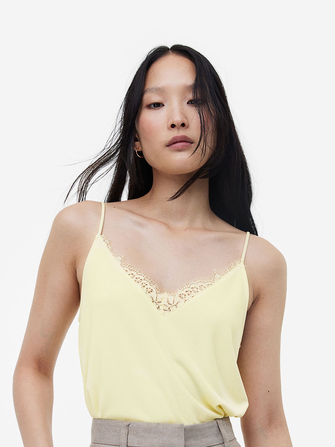 

H&M Lace-Trimmed Cami Top, Yellow