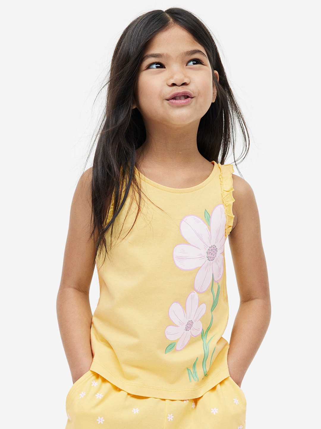 

H&M Girls Frill-Trimmed Pure Cotton Vest Top, Yellow