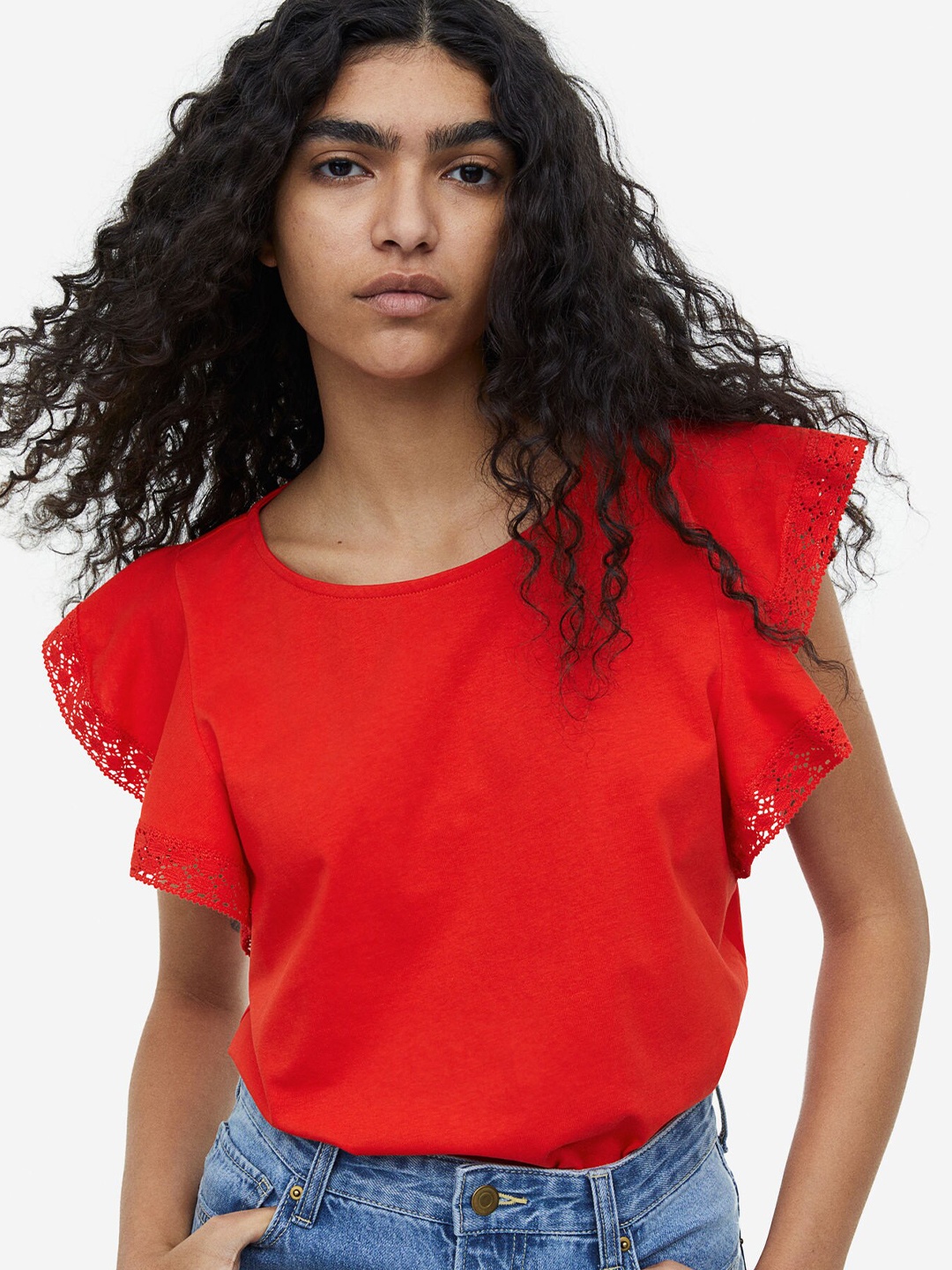 

H&M Flutter Sleeve Pure Cotton Jersey Top, Red