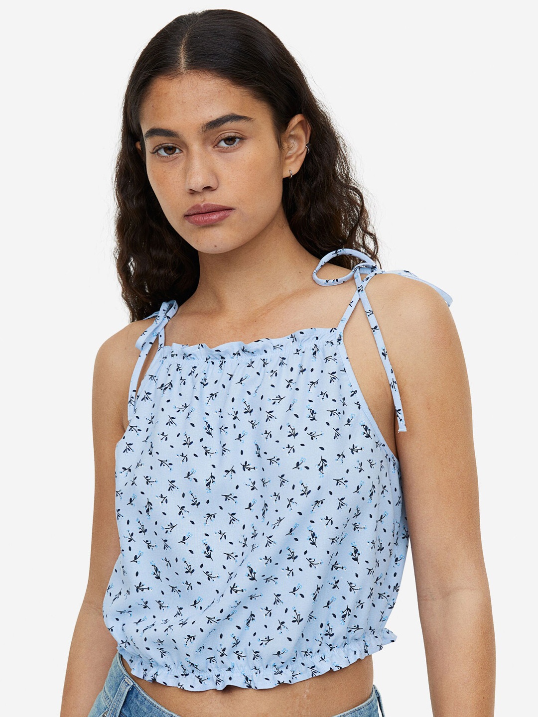 

H&M Tie-Strap Frill-Trimmed Top, Blue