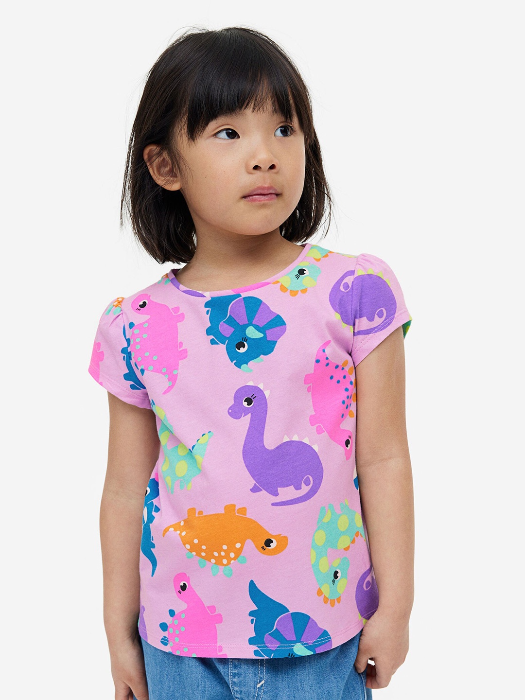 

H&M Girls Puff-Sleeved Pure Cotton Jersey Top, Pink