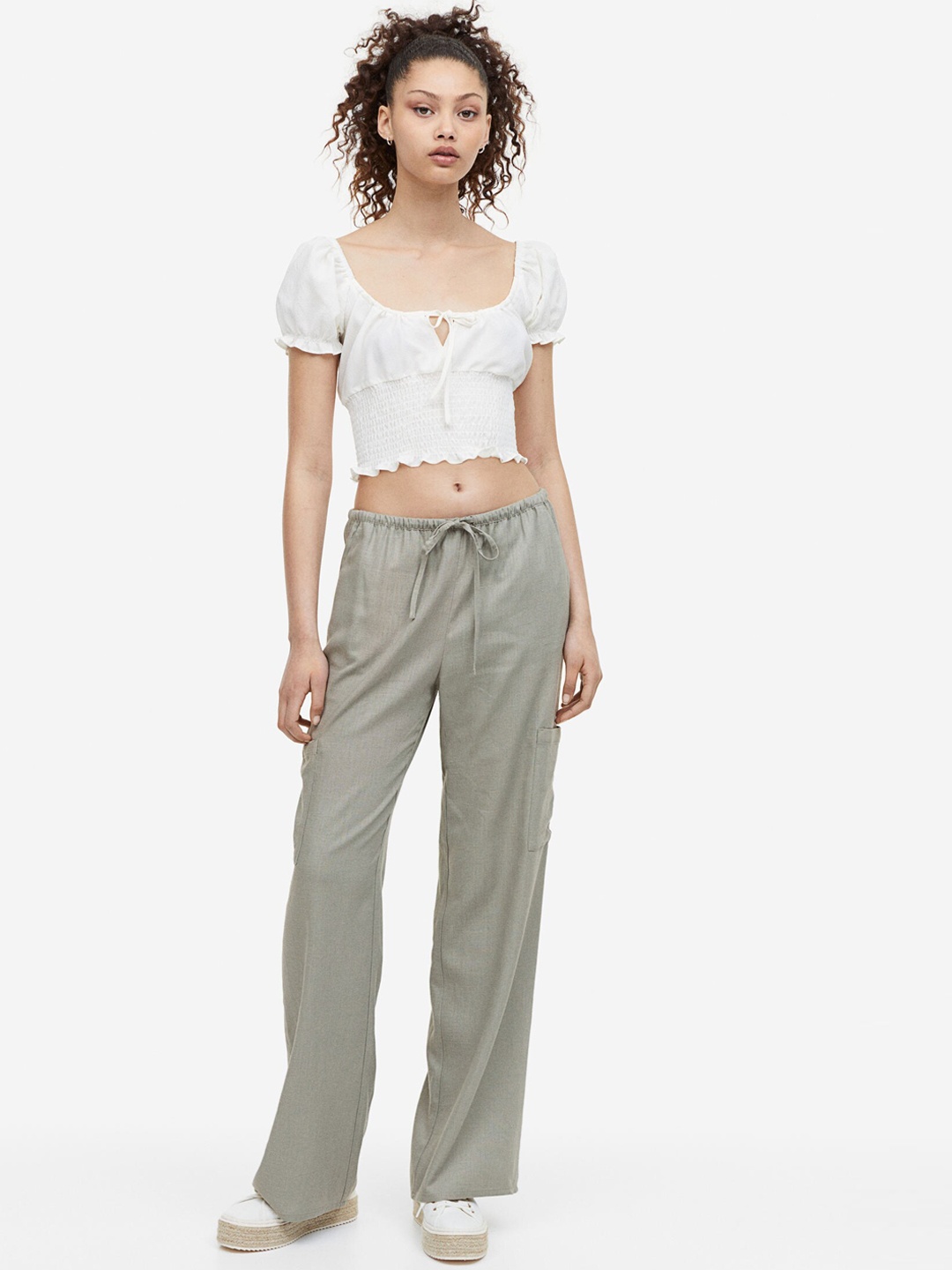 

H&M Women Wide Linen-Blend Trousers, Olive
