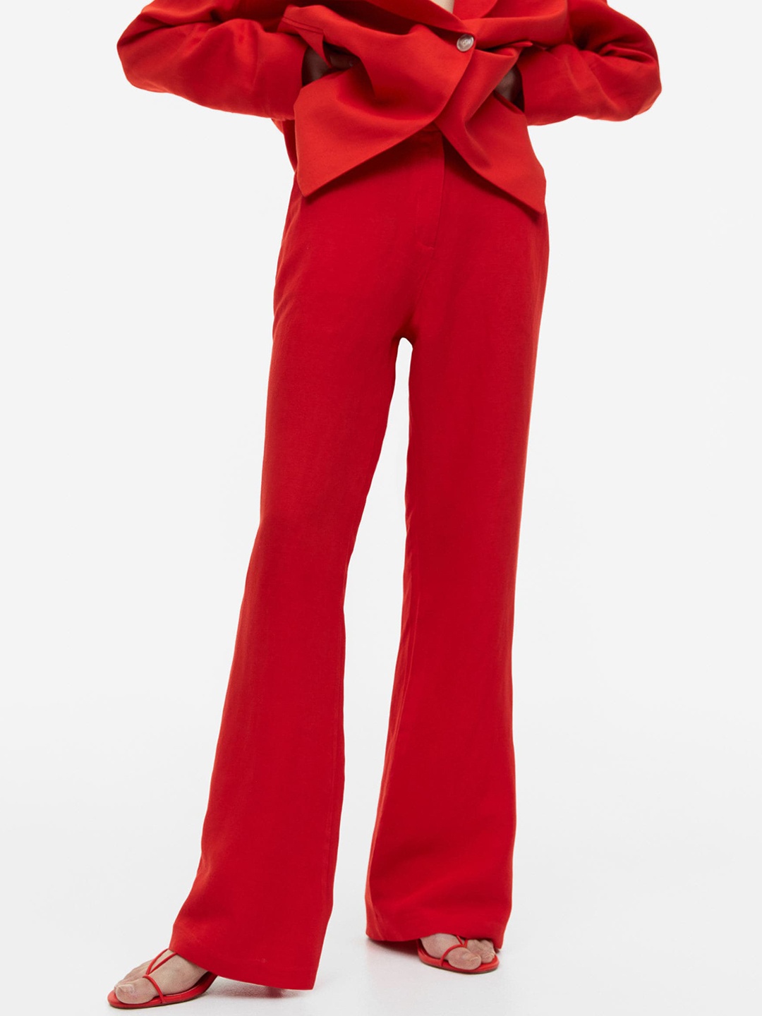 

H&M Women Flared Linen-Blend Trousers, Red