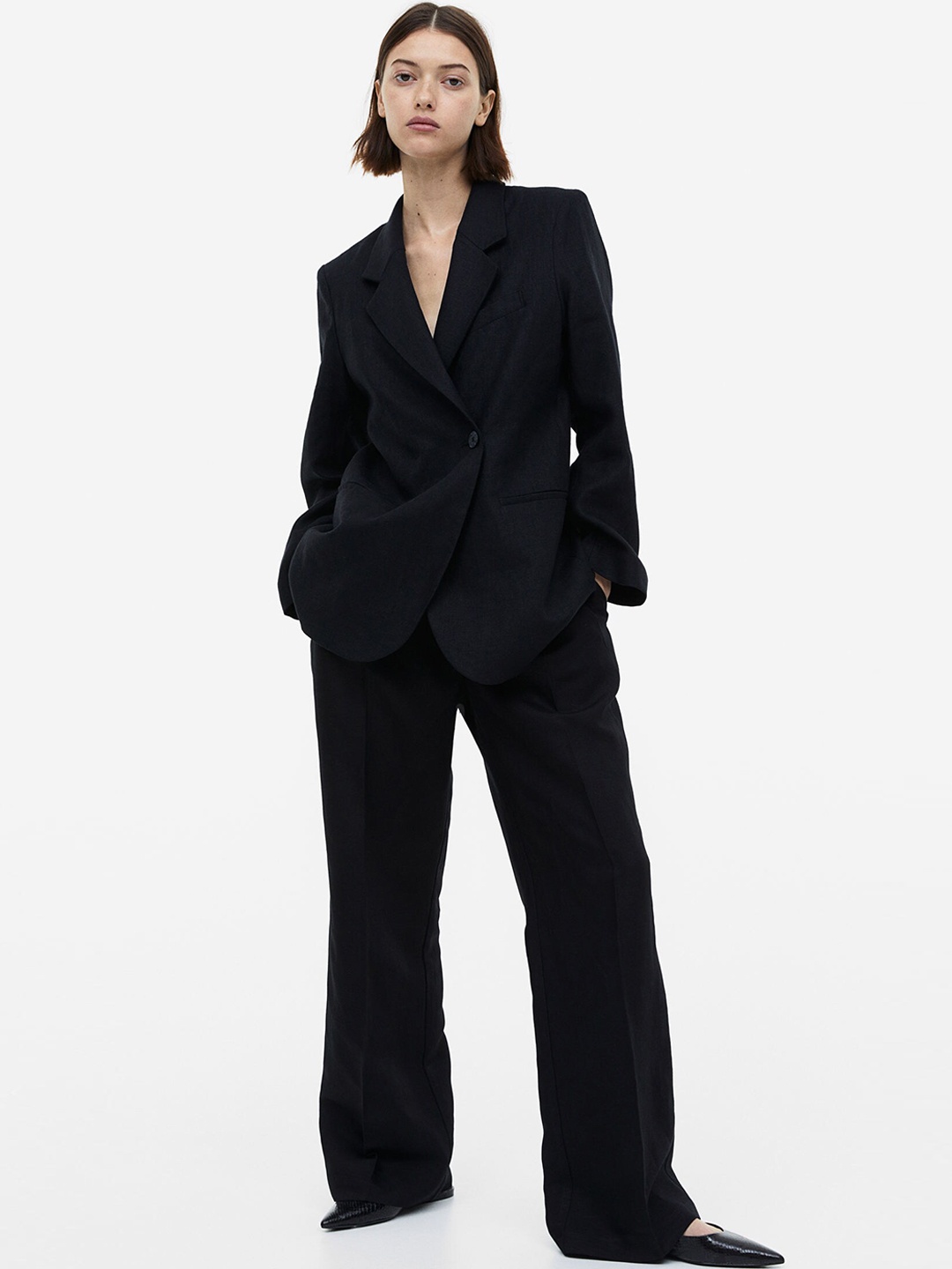 

H&M Women Wide Linen-Blend Trousers, Black