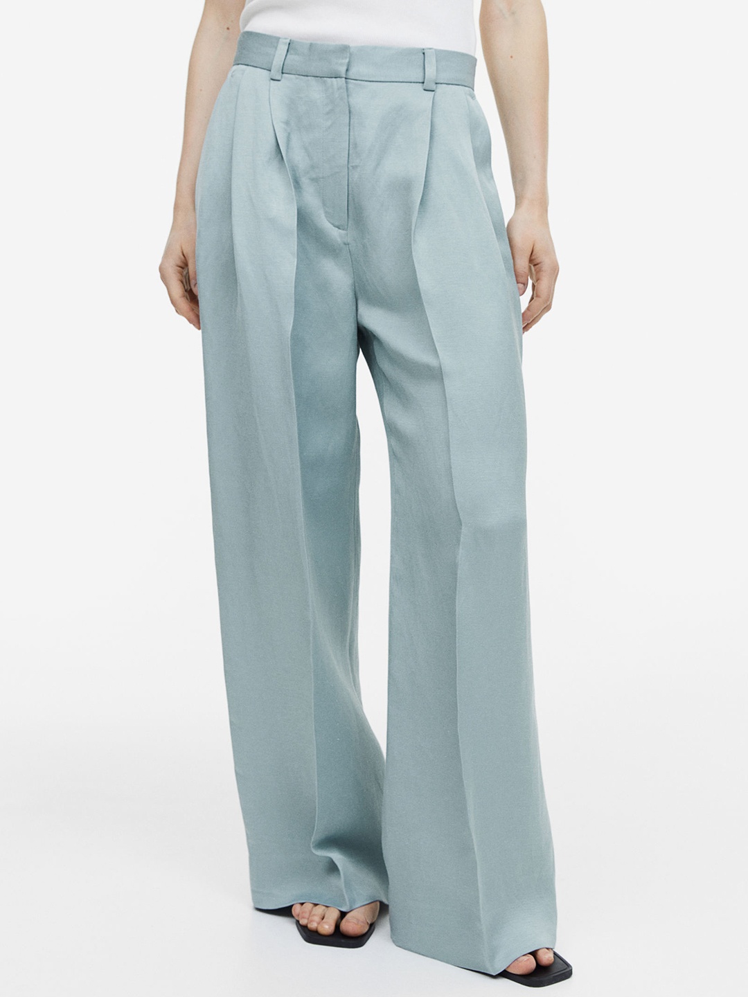 

H&M Women Linen-Blend Tailored Trousers, Turquoise blue