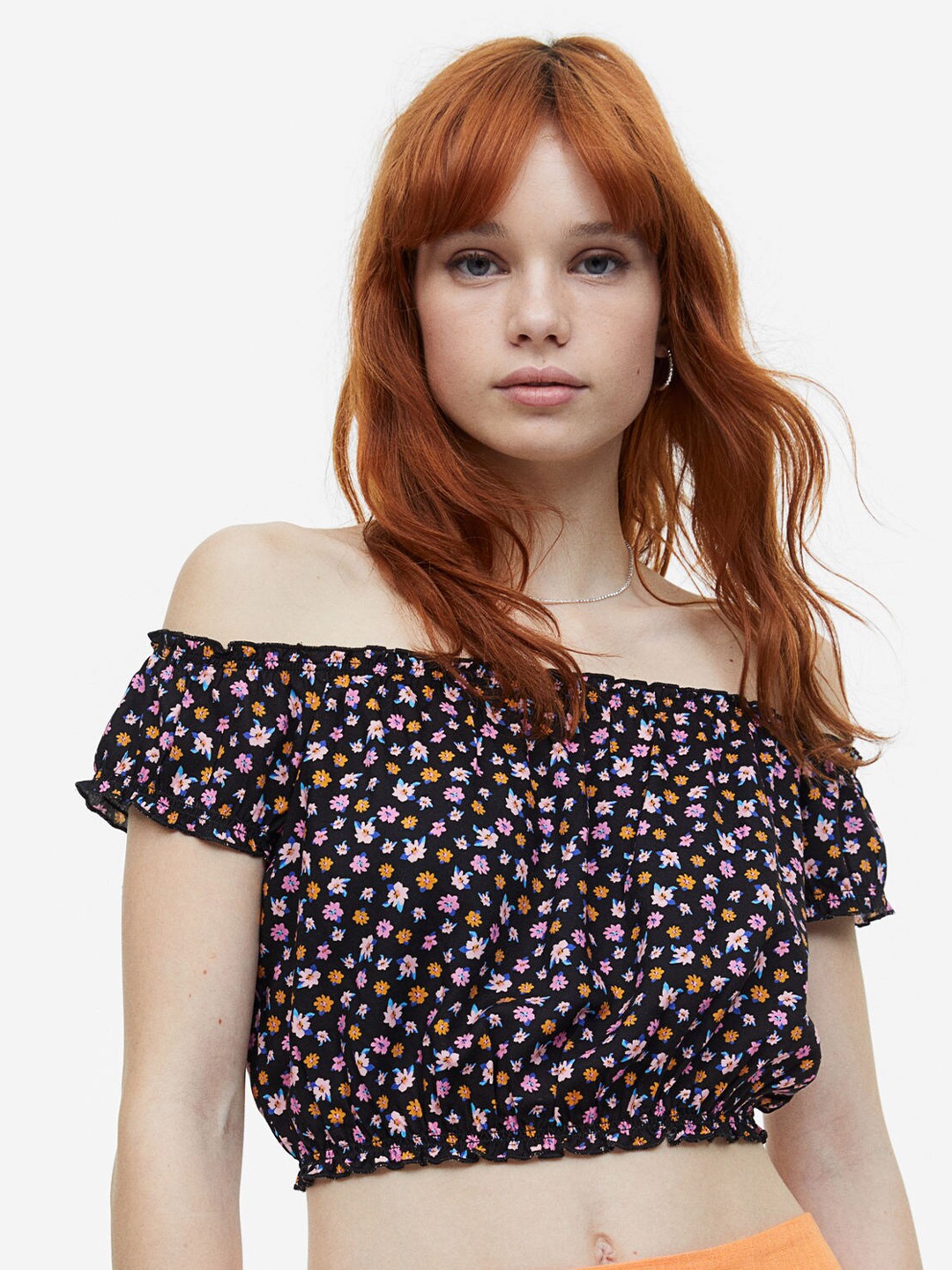 

H&M Frill-Trimmed Off-The-Shoulder Blouse, Black