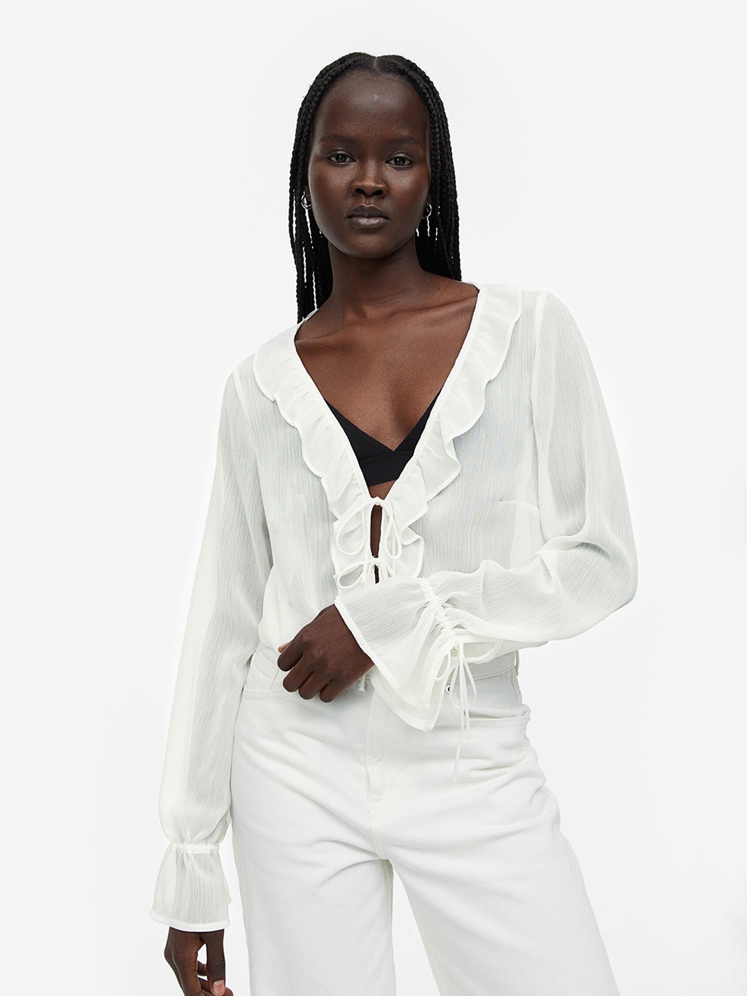 

H&M Frill-Trimmed Crepe Blouse, White