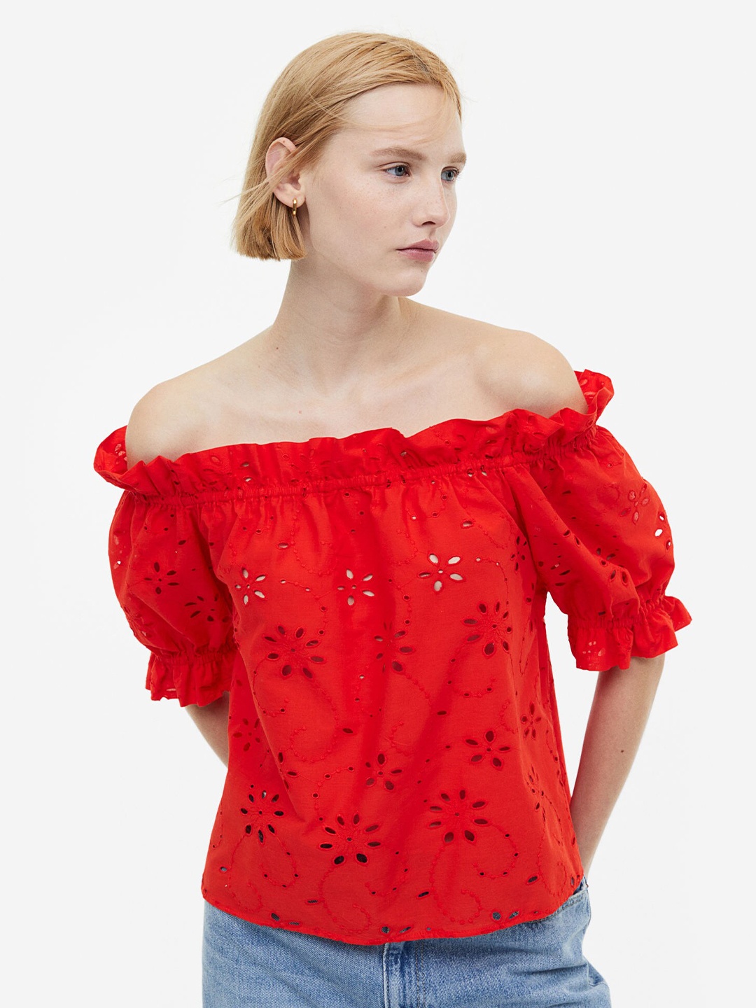 

H&M Broderie Anglaise Off-the-Shoulder Blouse, Red