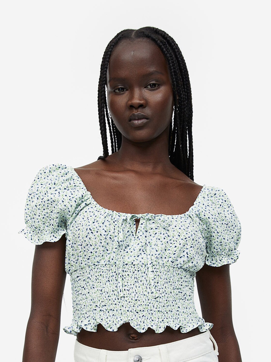 

H&M Puff-sleeved Smocked Blouse, Green