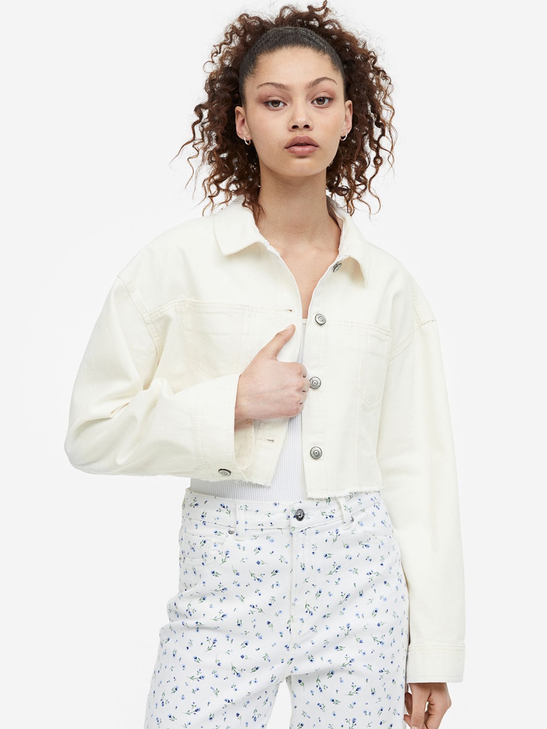 

H&M Women Cropped Twill Jacket, Off white