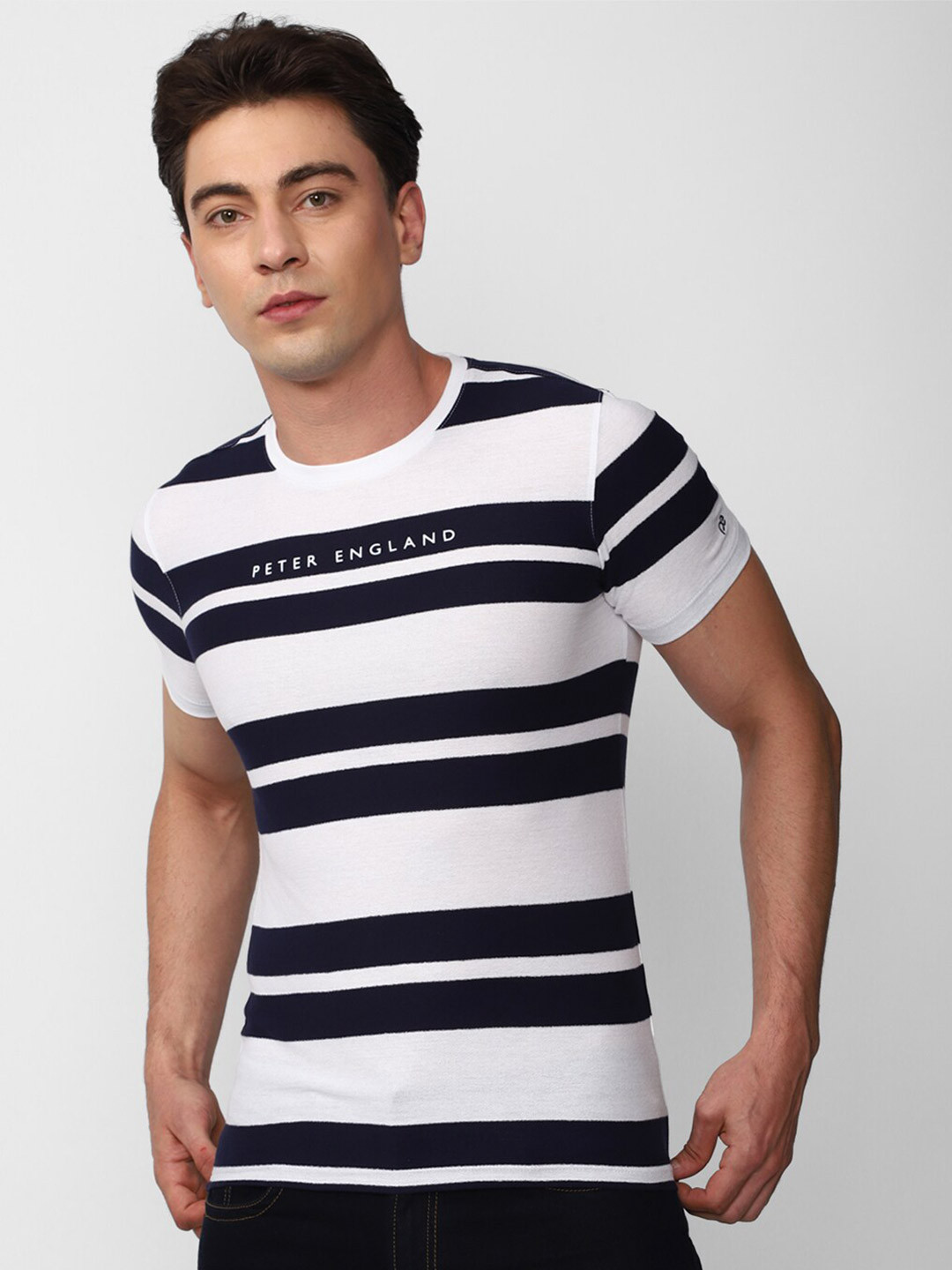 

Peter England Casuals Striped Round Neck Slim Fit Cotton T-Shirt, White