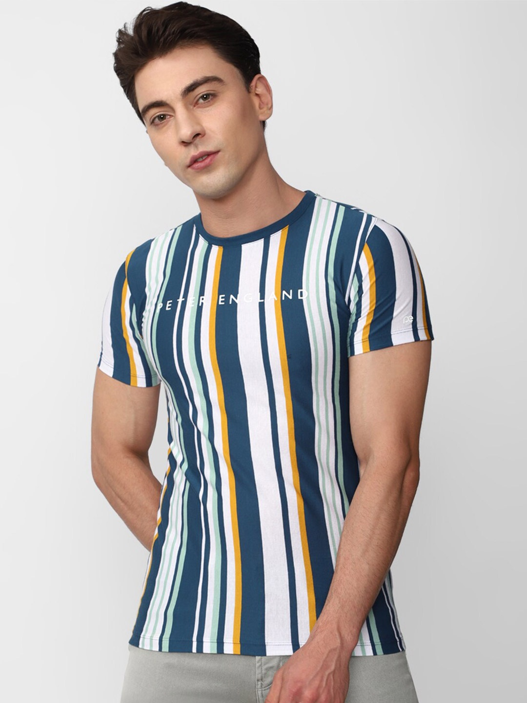 

Peter England Casuals Striped Round Neck Slim Fit T-Shirt, Blue