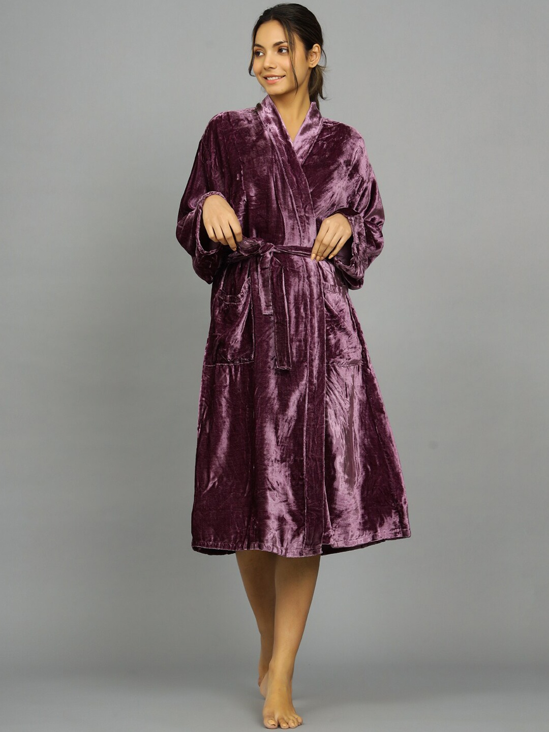 

HANDICRAFT PALACE Women Velvet Knee-Length Bath Robe With Belt, Purple