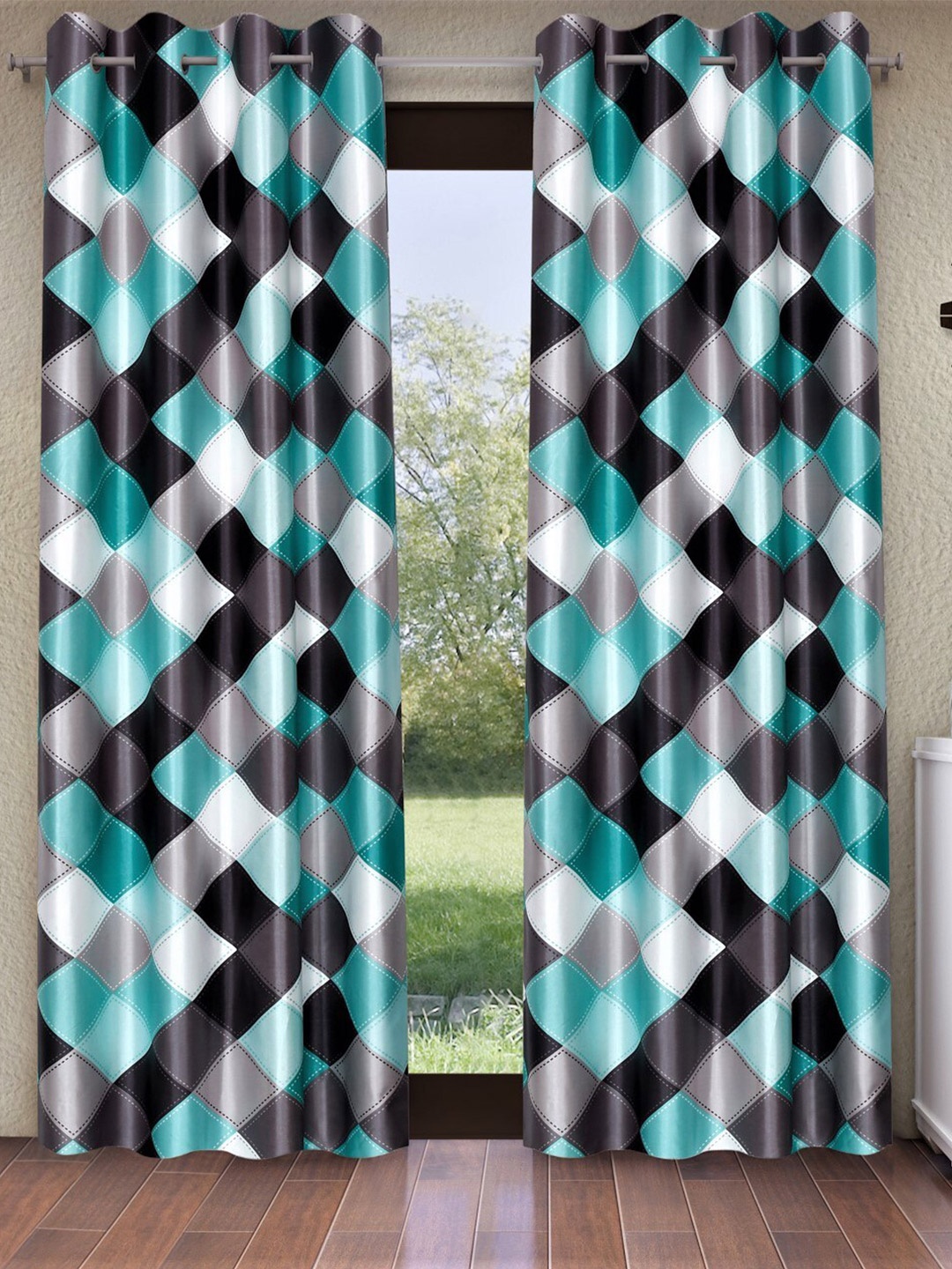 

Home Sizzler Turquoise Blue & White 2 Pieces Geometric Window Curtain