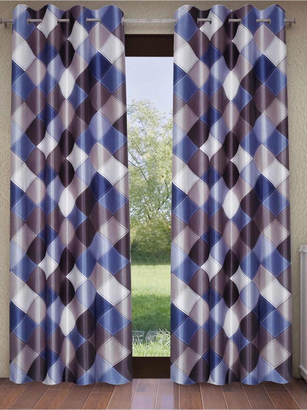 

Home Sizzler Grey & Blue 2 Pieces Geometric Window Curtains