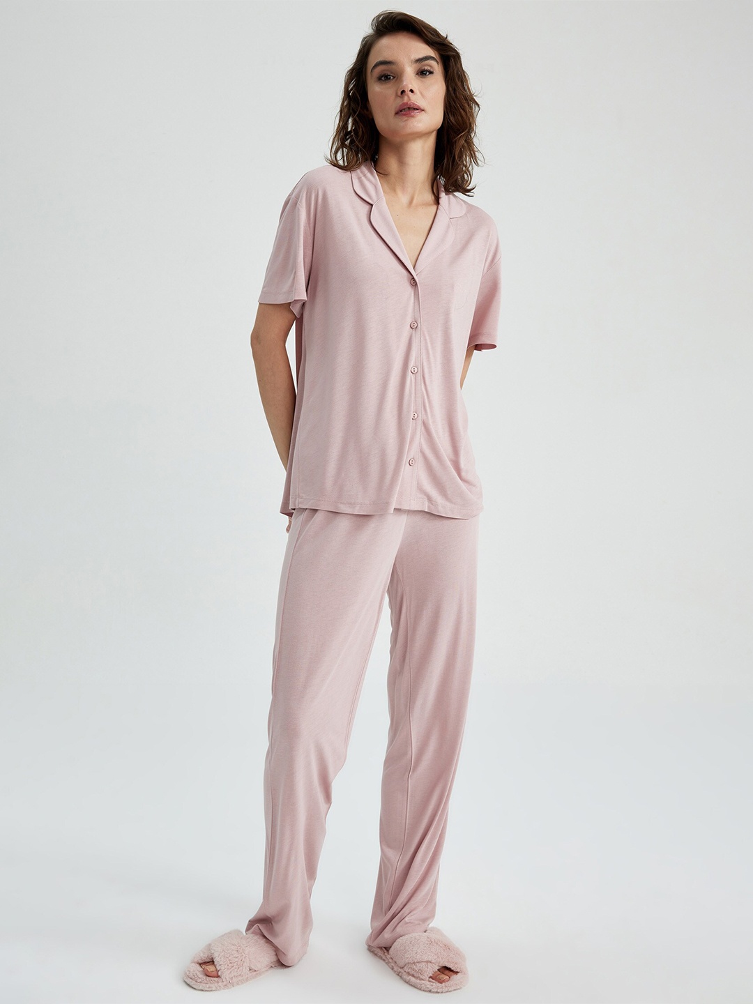 

DeFacto Shirt Collar Shirt & Pyjamas Night suit, Pink
