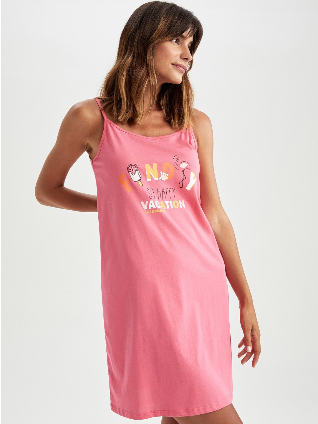 

DeFacto Pure Cotton Typography Print T-shirt Nightdress, Pink