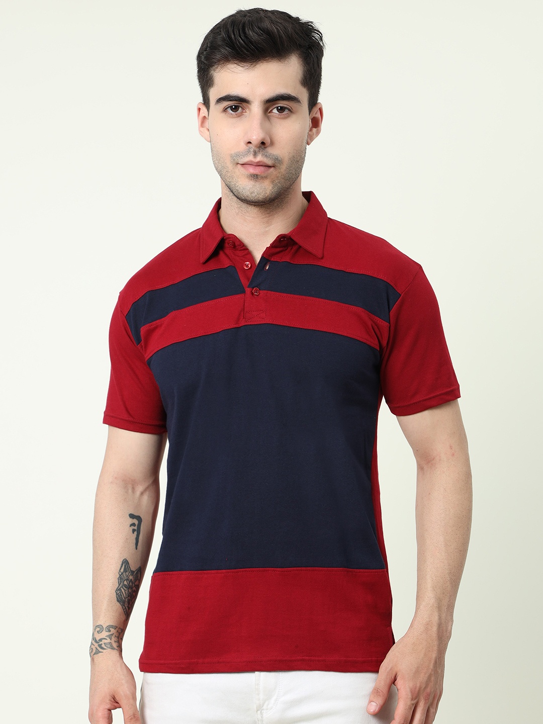 Fleximaa Colourblocked Polo Collar Short Sleeves Cotton T-shirt, Maroon