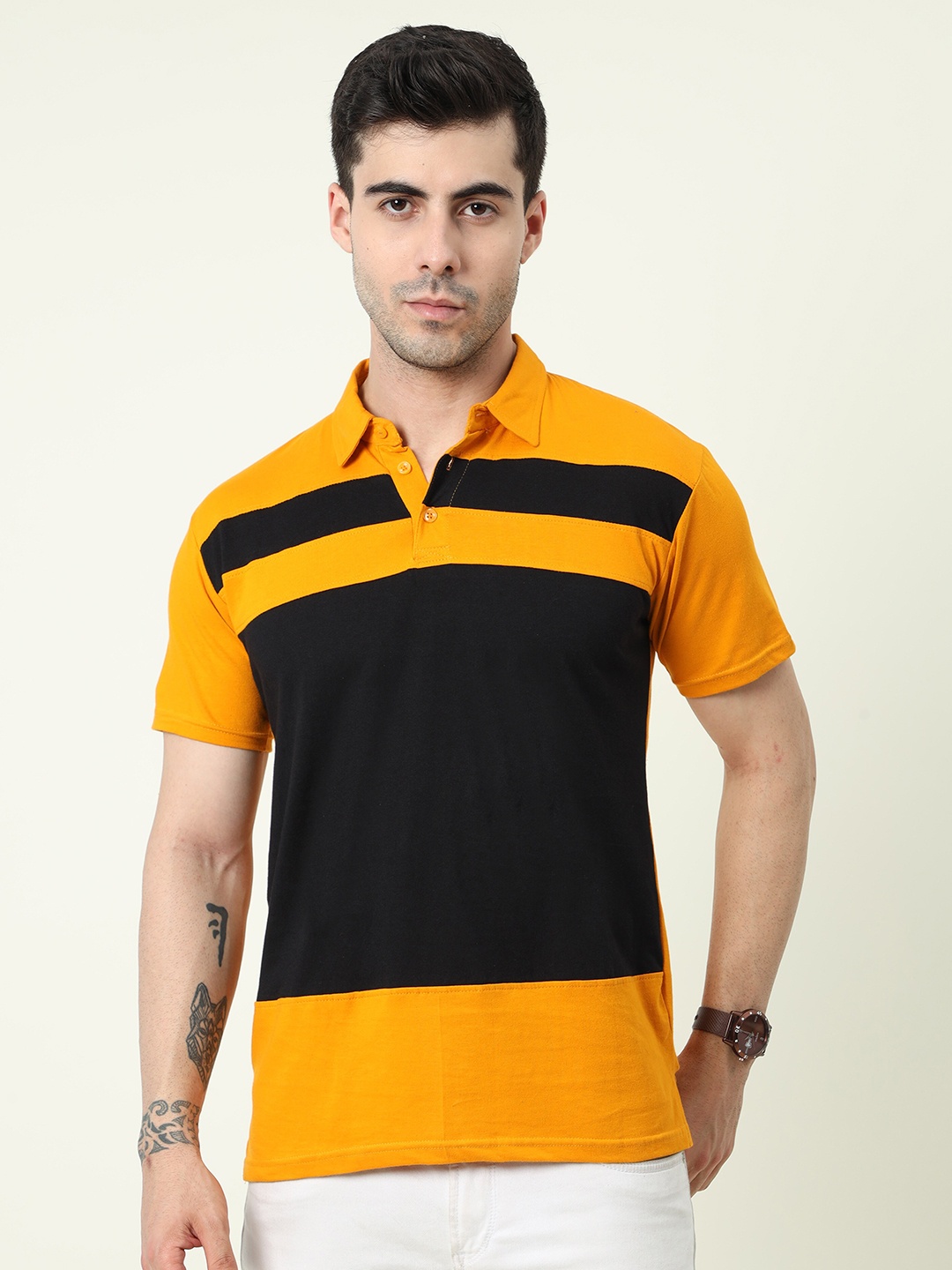 

Fleximaa Colourblocked Polo Collar Cotton T-shirt, Yellow