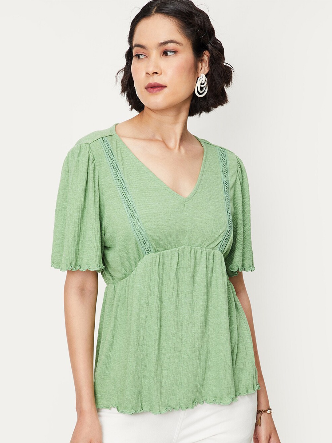 

max V-Neck Flared Sleeves Empire Top, Green